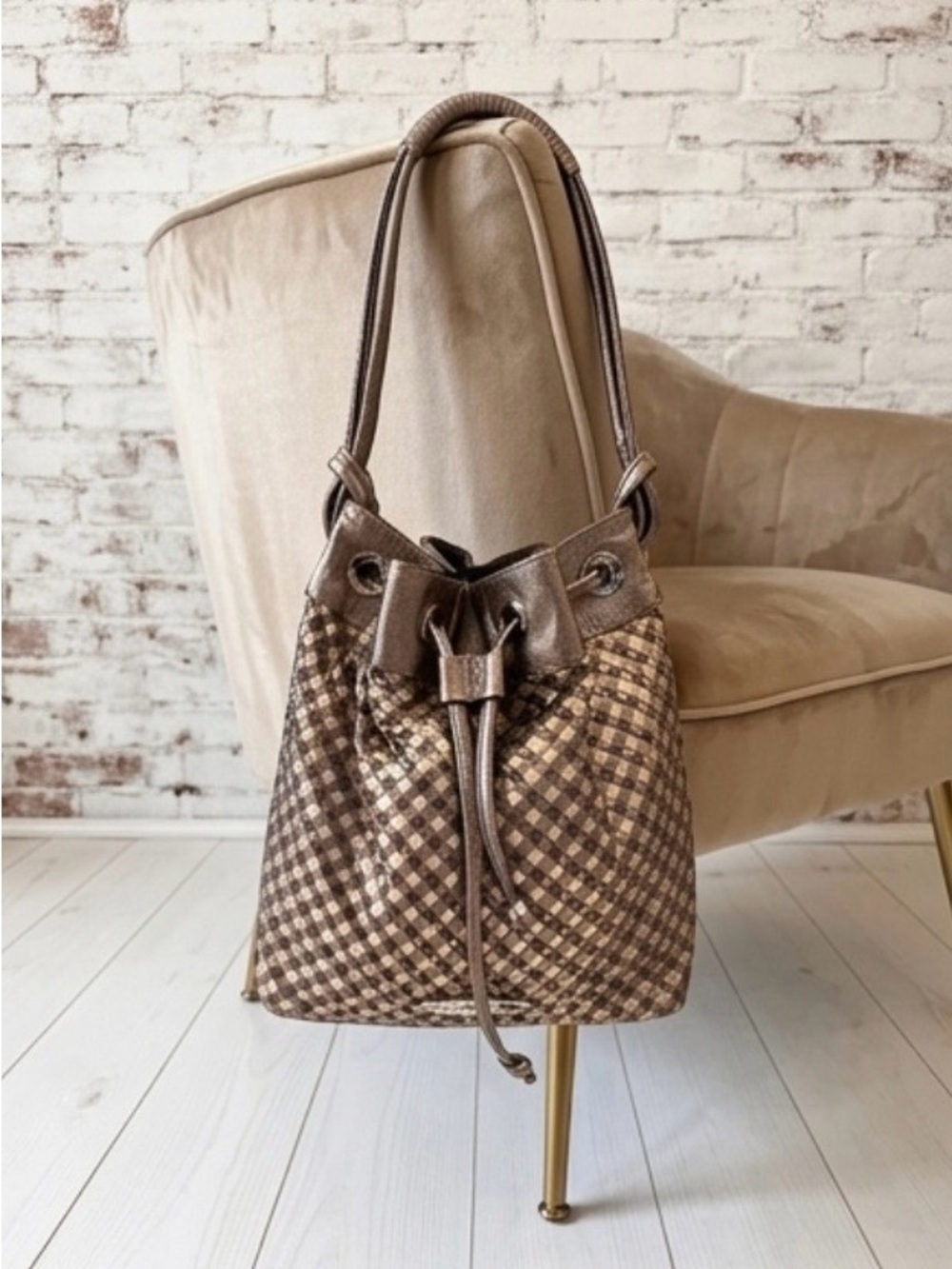 Elliot Lucca Metallic Bronze signature woven leather Drawstring Shoulder Bag
